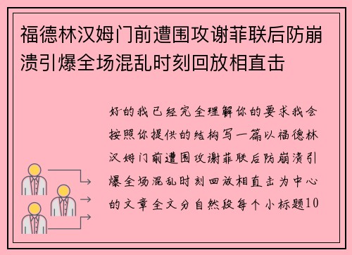 福德林汉姆门前遭围攻谢菲联后防崩溃引爆全场混乱时刻回放相直击